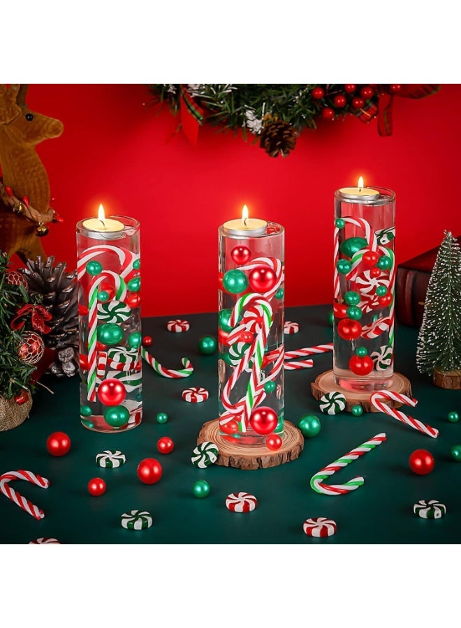 CLENEA مجموعة 175 قطعة من حشوات مزهريات عيد الميلاد، لآلئ صناعية عائمة، خرز لؤلؤي أخضر وأحمر على شكل عصا حلوى، خرز أكريليك مزخرف للمزهريات والطاولات والحفلات وديكور المنزل في موسم الأعياد - Image 3